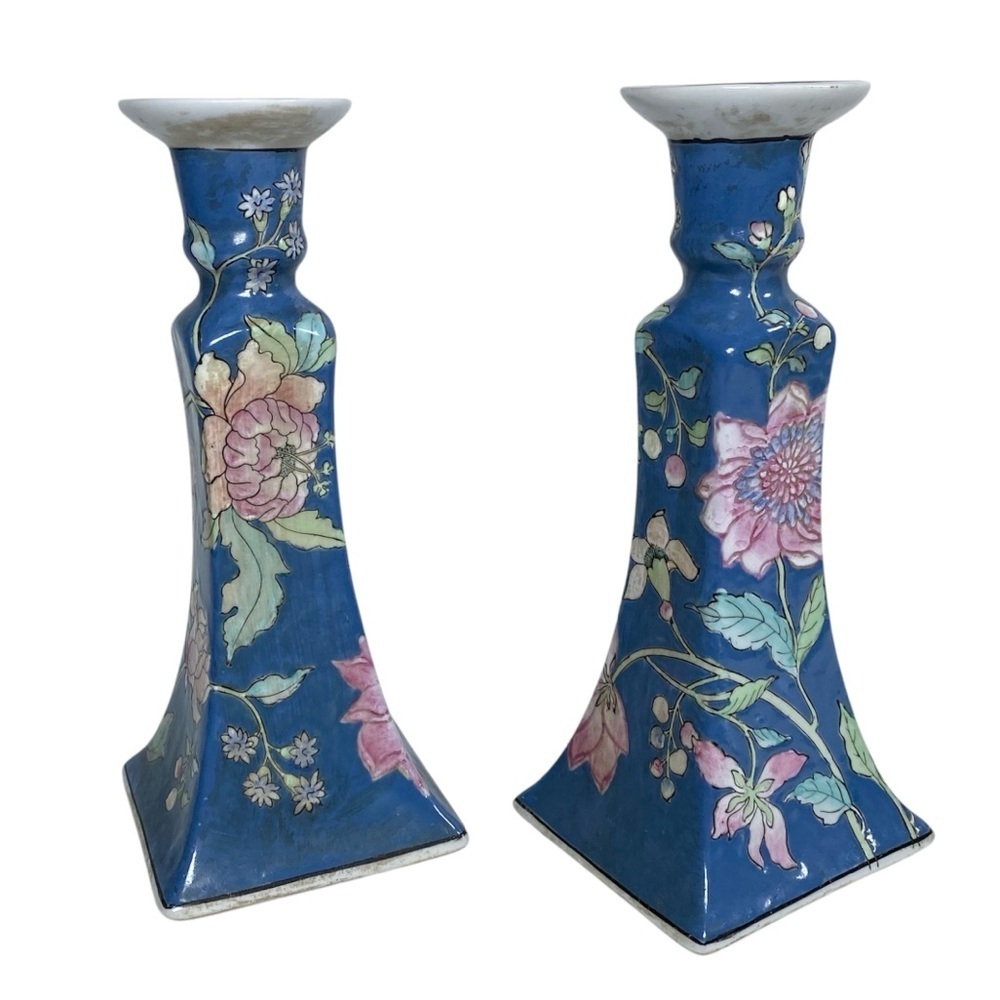Vintage Chinoiserie Blue and White Floral Japan Ceramic Candlesticks Set of 2